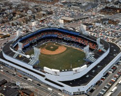 Aerial view of Tiger Stadium in downtown Detroit
